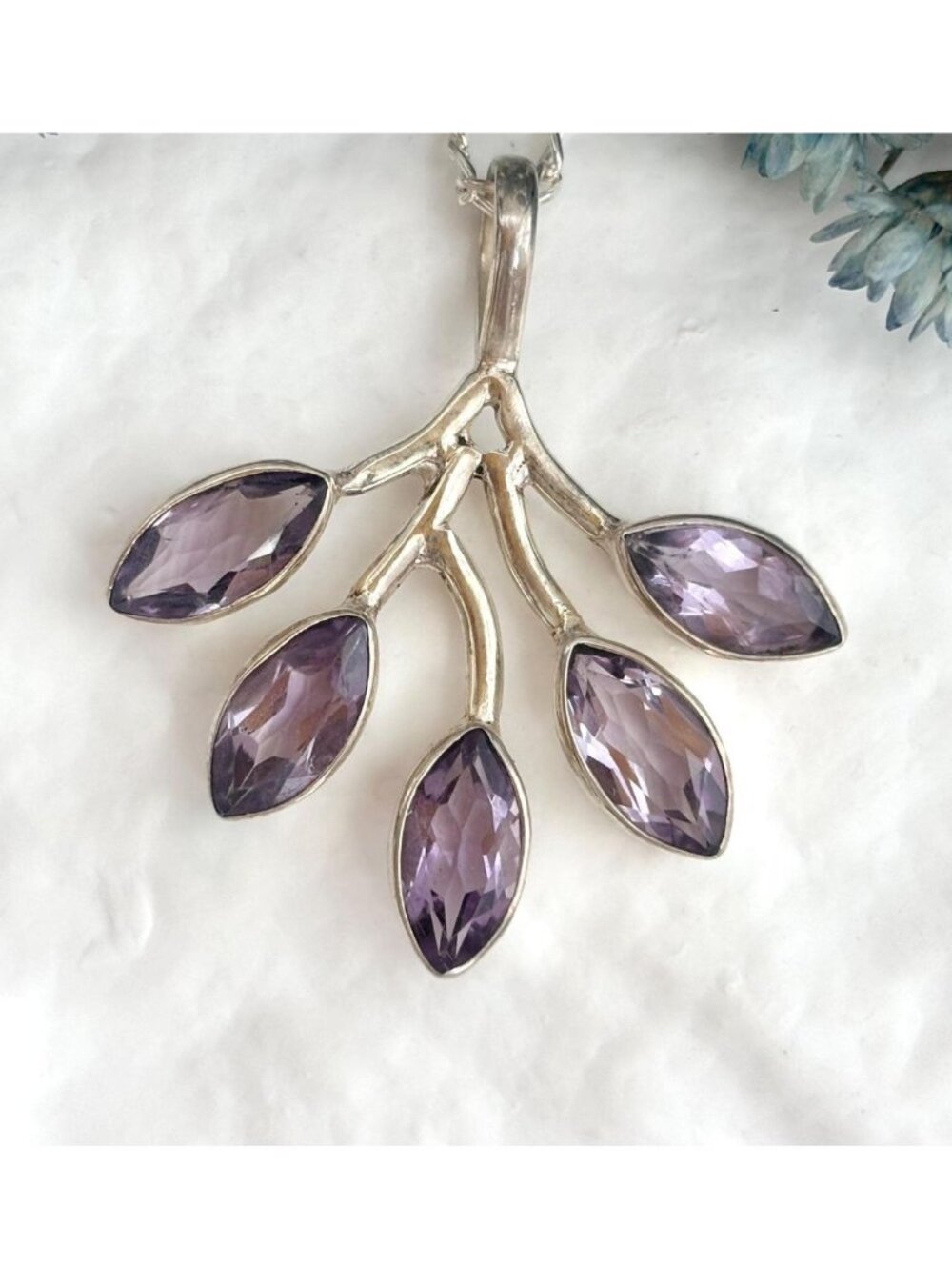 Amethyst Branched Leaves Sterling Silver 925 Vintage Pendant Necklace - 18"